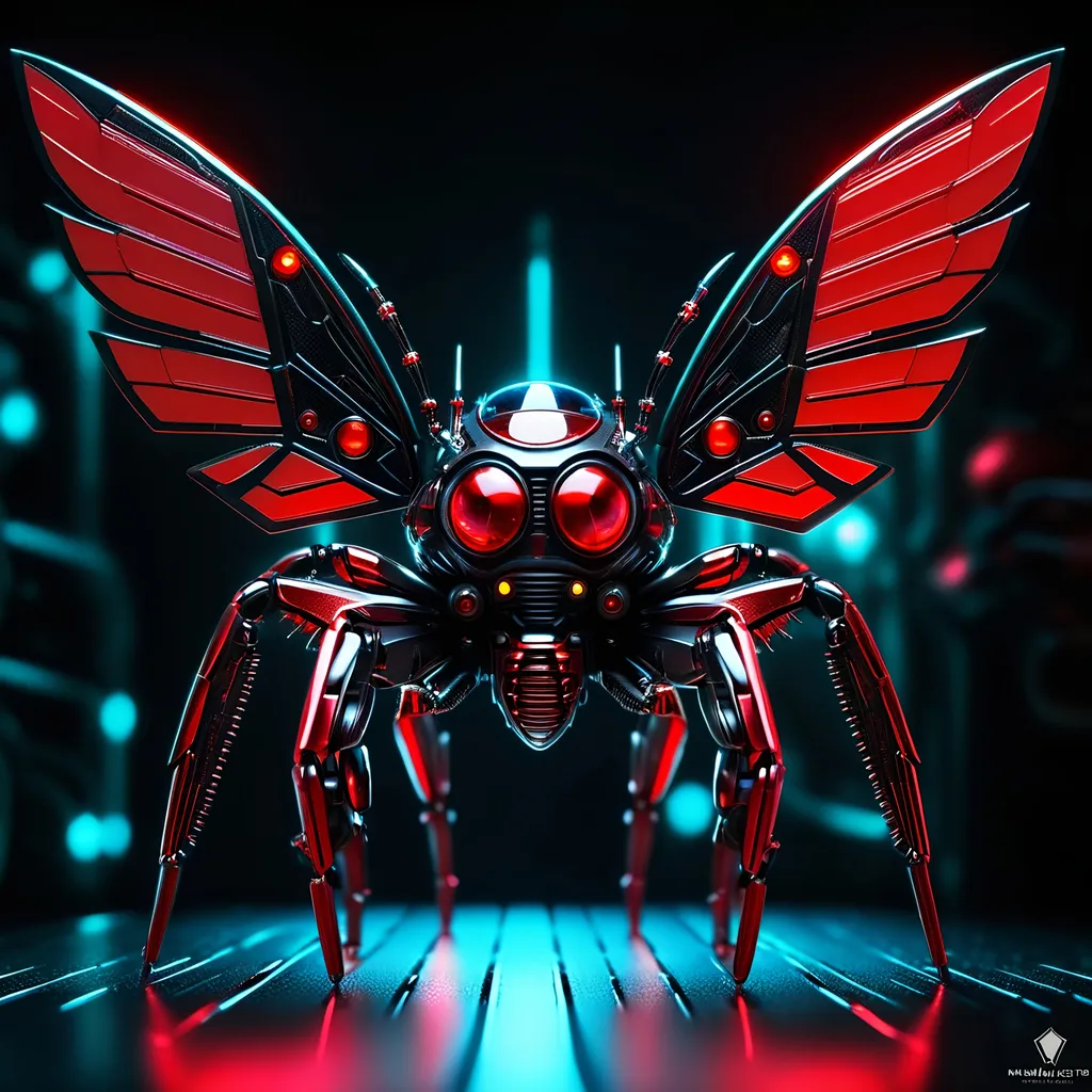 Prompt: Tiny jumping spider mech, metallic and sleek design, futuristic sci-fi style, detailed mechanical wings, intense red and black color scheme, sparkling neon lights, miniature scale, highres, ultra-detailed, sci-fi, futuristic, metallic sheen, mechanical wings, intense color scheme, miniature scale, neon lights, detailed design, professional, atmospheric lighting