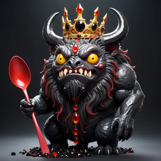 Prompt: A round behemoth with racing red slime-like skin and a yellow tongue and evil eyes with a mane of black onyx crystals holding a oversized spoon, wearing a tiara in  magical art style