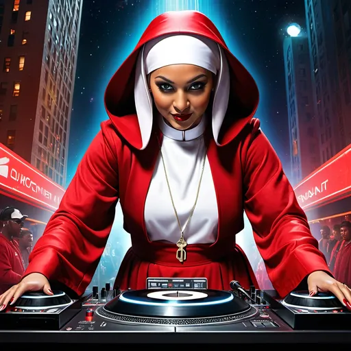 Prompt: Hip hop nun DJing on turn table in space, vibrant red outfit, urban street setting, realistic digital art, detailed face features, professional lighting, urban, modern, high quality, realistic, DJ, vibrant red, street setting, detailed face, professional lighting