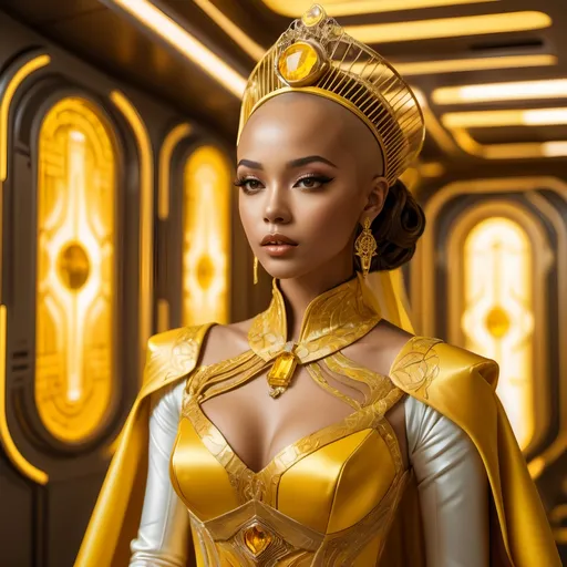 Prompt: futuristic-retro futurism style, light brown skinned princess, elaborate yellow, gold, honey colored fantasy wedding gown, cyberpunk server room, thin, tall white bald man, magical appearance, surprised expression, elaborate gown details, high quality, detailed, fantasy, retro-futuristic, princess, cyberpunk, server room, rich color tones, dramatic lighting