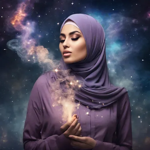 Prompt: beautiful woman in hijab exhaling smoke in the form of stars and galaxies.