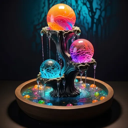 Prompt: Four-way fountain with strange glowing dancing crystal spheres, colorful dripping slime, zen tangle art style, high quality, detailed, glowing crystals, colorful slime, intricate zen tangle art, vibrant, surreal lighting