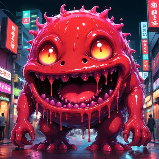 Prompt: Anime illustration of a vibrant slime monster, bright and vivid colors, urban Tokyo street setting, oozing blood red texture, detailed gooey substance, playful and mischievous expression, neon-lit cityscape, high quality, anime, vibrant colors, ooze, Tokyo street, detailed texture, mischievous expression, urban setting, neon lights, highres, playful