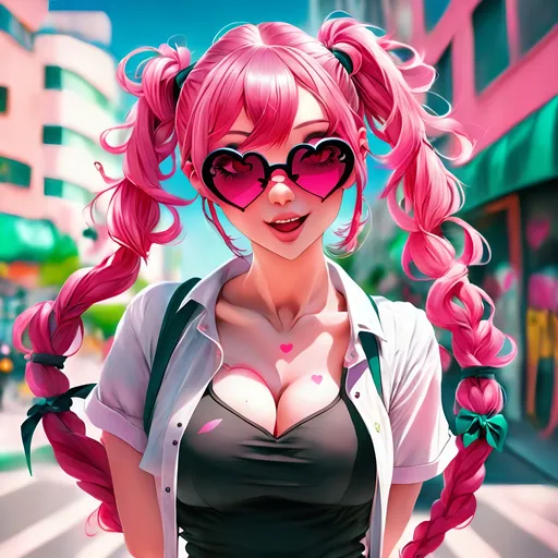 Prompt: anime woman, pink hair with bangs in two braids, heart shaped sunglasses, dynamic pose, urban setting, cute anime art style