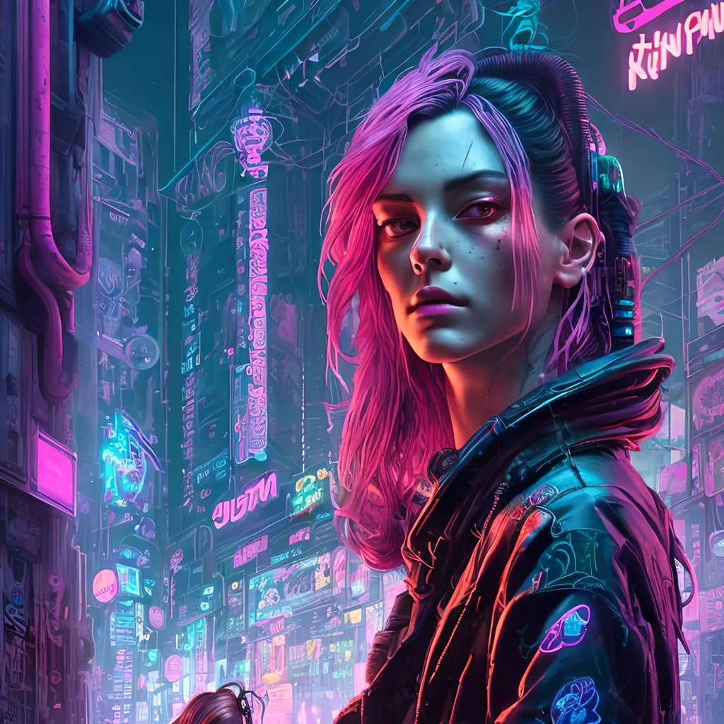 Prompt: A detailed portrait of a cyberpunk victorian pretty lady in a Futuristic Cityscape and Neon Pink Flamingo, Street Art, Graffiti Style, Bold, Digital Painting, Urban, Edgy, Colorful, 8K, Intricate Details illuminated by a neon sunset, by Alex Konstad, Tatsuya Ishida, and Patrick Brown, dramatic lighting, hyper-realistic details, with digital painting techniques, trending on Artstation, cinematic cinematic lighting.