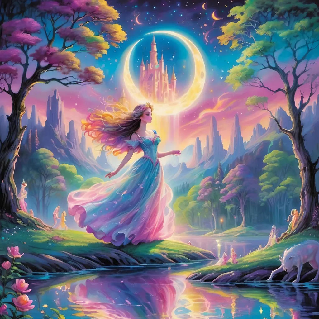 Prompt: Lisa Frank's style portrays a medieval legend where ethereal beings, illuminated as will-o'-the-wisps, dance around an ancient, moonlit lake. The scene is rich in romantic symbolism, with the will-o'-the-wisps depicted as delicate, ghostly figures. Their dance creates a mesmerizing pattern of light, leading the viewer's eye through the mystical, moonlit waterscape. 