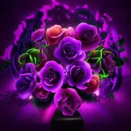 Neon purple roses that glow in a vase in the dark, s