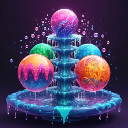 Prompt: Four-way glowing crystal fountain, dancing spheres, colorful slime, zen tangle art style, highres, vibrant colors, detailed patterns, glowing effects