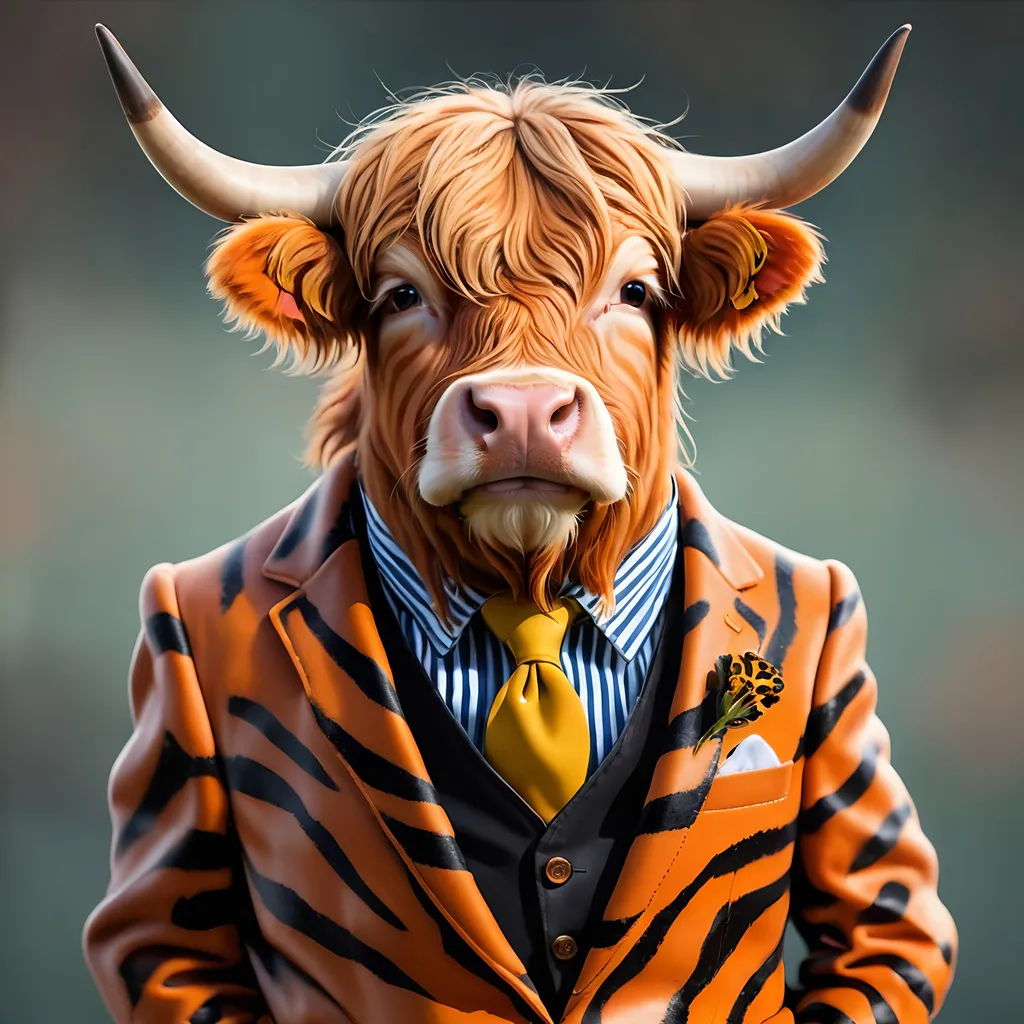 Prompt: Highland cow wearing a tiger striped suit.