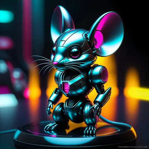 Prompt: Tiny mouse mech, metallic and sleek design, futuristic sci-fi style, intense grey and black color scheme, sparkling neon lights, miniature scale, highres, ultra-detailed, sci-fi, futuristic, metallic sheen, intense color scheme, miniature scale, neon lights, detailed design, professional, atmospheric lighting