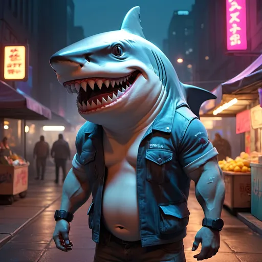 Prompt: anthropomorphic shark wearing cyberpunk street vendor, realistic, muscular, human proportions, on the streets of Night City, huge grin, lots of scars, cyberpunk,  high definition, professional Pixar, Disney, concept art, 3d digital art, Maya 3D, ZBrushCentral 3D shading, bright colored background, radial gradient background, cinematic, Reimagined by industrial light and magic, 4k resolution post processing