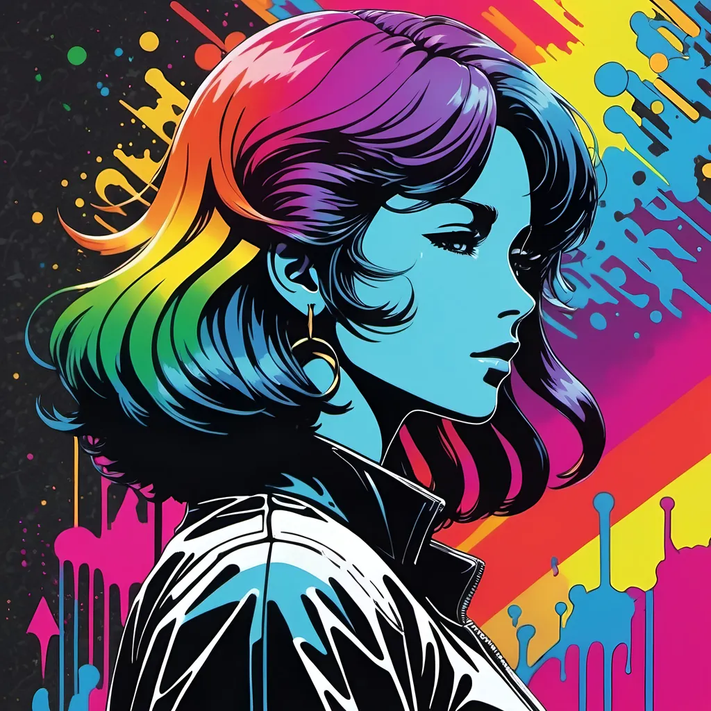 Prompt: Rainbow Cellular automata arranged around a Graffiti Girl's silhouette, on a splashy 1980s inspired backdrop, anime art 
