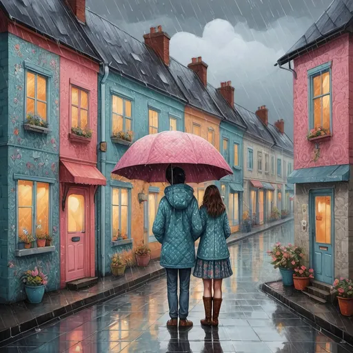 Prompt: waiting for you in the rain He will return like in a dream Bad dream Will let us be close to each other But the dream flew away His heart changed Only you are left with your ambiguous love , in the style of hot vs cold folk art-inspired isometric , bold patterned quilts, pastel colours, bloomcore, mixes painting and ceramics, precise, detailed architecture paintings, cute and dreamy, illustration by Olivia Gibbs, Francois boucher, Animorphia - Kerby Rosanes, Victoria Ball, ugly sweater patchwork 