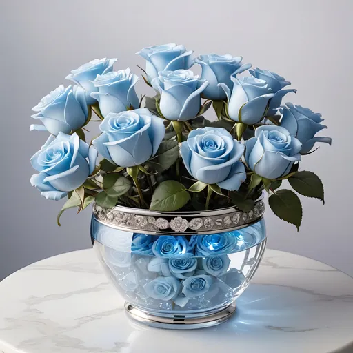 Prompt: Clear crystal pot with platinum accents, filled with light blue roses.