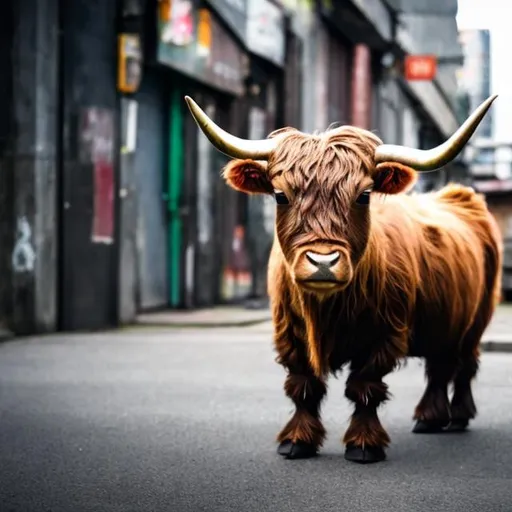 Prompt: small dwarf highland bull in the inner city.
