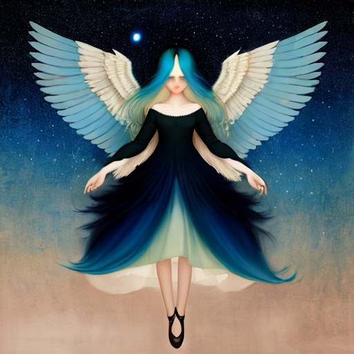 Prompt: In style of christian Schloe and daria Petrilli, a giant colorful bird flying with a beautiful cute girl with a very long and wild  ombre gradient blue hair on its back in a beautiful starry sky. Craquelure, egg tempera effect, Naive art, extremely detailed, optical illusion, oil painting 