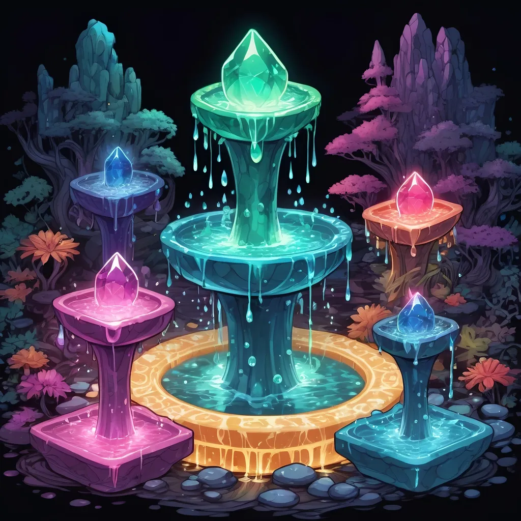 Prompt: A four-way fountain each side filled with strange glowing dancing crystal slimes in many colors, in zen tangle art style
