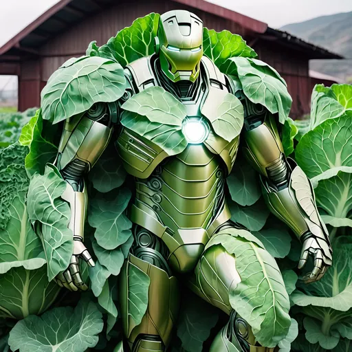 Prompt: Light green Iron Man suit that seems made of cabbage leaves Overgrown iron plant