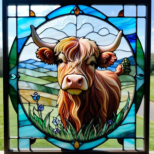 Prompt: Mini Highland cow in Chalcedony Stained Glass 3d Portraiture 