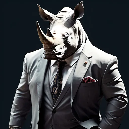 Prompt: anthropomorphic rhino glitch god in a mafia suit