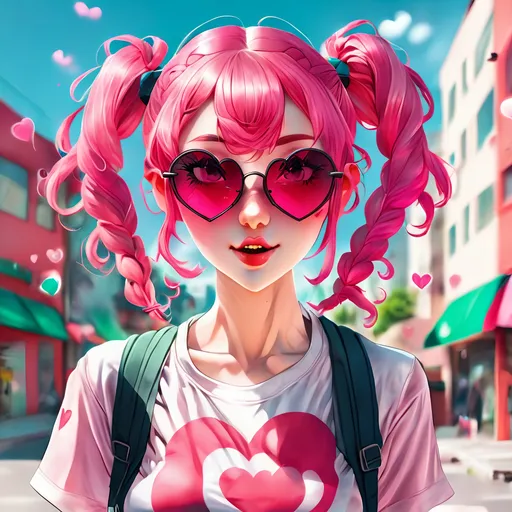 Prompt: anime woman, pink hair with bangs in two braids, heart shaped sunglasses, dynamic pose, urban setting, cute anime art style