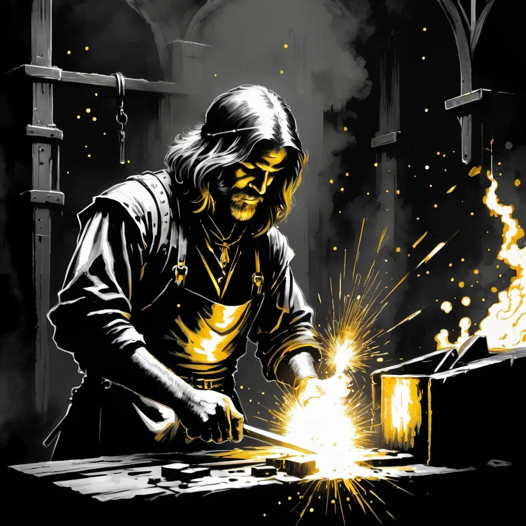 Prompt: Black and White Blacksmith, small detailed golden sparks, medieval grunge, in the style of Darkest Dungeon, Brooks Gordon, Stephen Gammell, Peter Max 