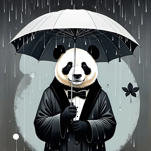 Prompt: illustration of a panda holding an umbrella, in the style of surrealist-inspired works, gothic neo-pop surrealism, Hayv Kahraman, Anselm Kiefer, Jamie Heiden, Lotta Jansdotter, dark white and black, rain, metropolis with flowers background , jewelry by painters and sculptors, vienna secession, elegant, emotive faces, bubble goth, subtle playfulness