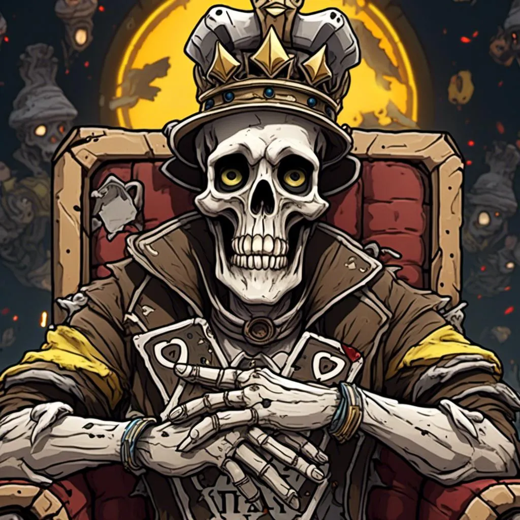 Prompt: <mymodel>Skull holding ace of spades with clear logos and letters, wearing a crown, black outline, white background, full-color, high resolution, 4k, detailed, realistic, no background, regal, card game, detailed skull, intricate design, professional lighting, royal crown, clear symbols and letters, high-quality illustration