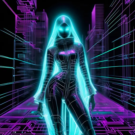 Prompt: wireframe hologram graffiti poster of a ghostkeeper rogue lady in tease pose, trompe l’oeil, glitch fashion, void, deep perspective, depth, circuit board art 