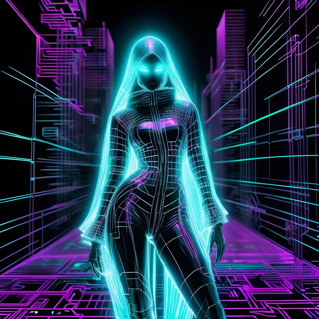 Prompt: wireframe hologram graffiti poster of a ghostkeeper rogue lady in tease pose, trompe l’oeil, glitch fashion, void, deep perspective, depth, circuit board art 