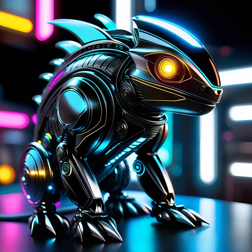 Prompt: small chameleon mech, metallic and sleek design, futuristic sci-fi style, intense black and silver color scheme, sparkling neon lights, miniature scale, highres, ultra-detailed, sci-fi, futuristic, metallic sheen, intense color scheme, miniature scale, neon lights, detailed design, professional, atmospheric lighting