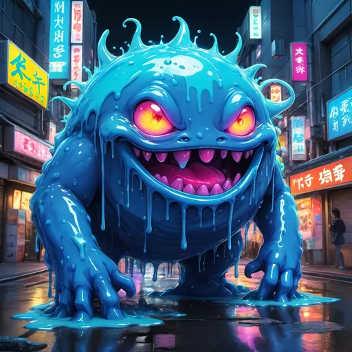Prompt: Anime illustration of a vibrant slime monster, bright and vivid colors, urban Tokyo street setting, oozing electric blue texture, detailed gooey substance, playful and mischievous expression, neon-lit cityscape, high quality, anime, vibrant colors, ooze, Tokyo street, detailed texture, mischievous expression, urban setting, neon lights, highres, playful