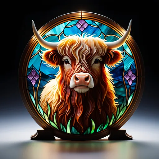 Prompt: Mini Highland cow in Chalcedony Stained Glass 3d Portraiture 