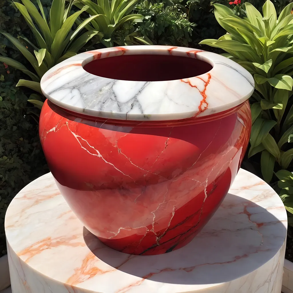 Prompt: Big Red quartz and marble pot.