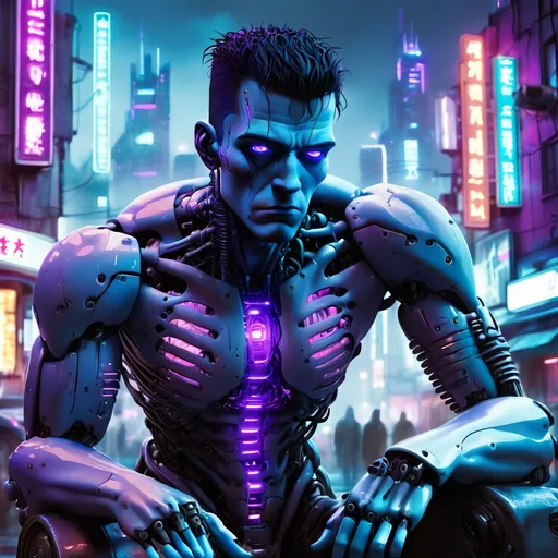 Prompt: Cyberpunk Frankenstein with technological modifications, futuristic setting, high-tech enhancements, neon-lit cityscape, detailed robotic limbs, intense and haunting gaze, electric blue and neon purple tones, gritty urban atmosphere, highres, ultra-detailed, cyberpunk, futuristic, detailed robotic limbs, haunting gaze, electric blue tones, neon purple tones, gritty atmosphere, high-tech enhancements