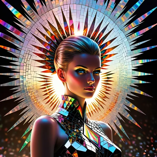 Prompt: A majestic lady, her form ingeniously crafted from a myriad of shattered CDs, standing amidst a garage sale in a prism-punk utopia. This ethereal figure, a mosaic of reflective fragments, exudes an aura of serene omnipotence. The CDs, once symbols of a technological past, now repurposed, give her a radiant, holographic appearance. The surrounding environment is a fusion of vivid colors and geometric shapes, embodying the quintessence of prism-punk aesthetics. Imagine a time-lapse effect at play, where the world around her moves in accelerated motion: people perusing the garage sale blur into swift, fluid movements while she remains a tranquil, unchanging beacon amidst the hustle. Sunlight catches on her fragmented form, casting kaleidoscopic patterns that dance across the utopian landscape. This scene encapsulates ultimate serenity within a dynamic, ever-changing world, symbolizing the timeless grace amidst the relentless passage of time. 