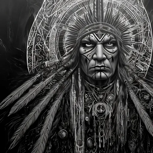 Prompt: Divine, all-seeing native American, protector of all, symbolism, gothic painting, black and white, cosmic order, transcendence, detailed eyes, intricate symbolism, high res, ultra-detailed, gothic, cosmic, monochrome, intense gaze, majestic, atmospheric lighting