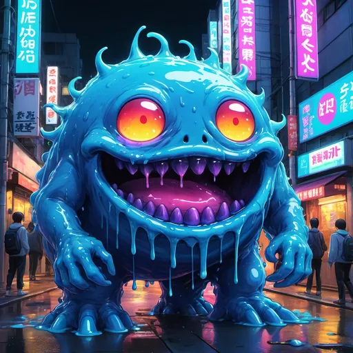 Prompt: Anime illustration of a vibrant slime monster, bright and vivid colors, urban Tokyo street setting, oozing electric blue texture, detailed gooey substance, playful and mischievous expression, neon-lit cityscape, high quality, anime, vibrant colors, ooze, Tokyo street, detailed texture, mischievous expression, urban setting, neon lights, highres, playful