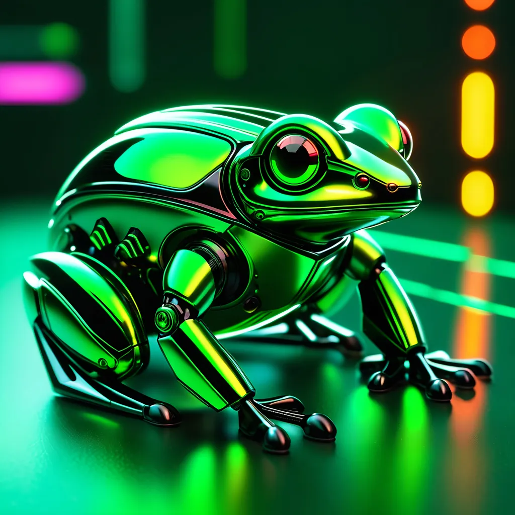 Prompt: Tiny frog mech, metallic and sleek design, futuristic sci-fi style, intense green and black color scheme, sparkling neon lights, miniature scale, highres, ultra-detailed, sci-fi, futuristic, metallic sheen, intense color scheme, miniature scale, neon lights, detailed design, professional, atmospheric lighting