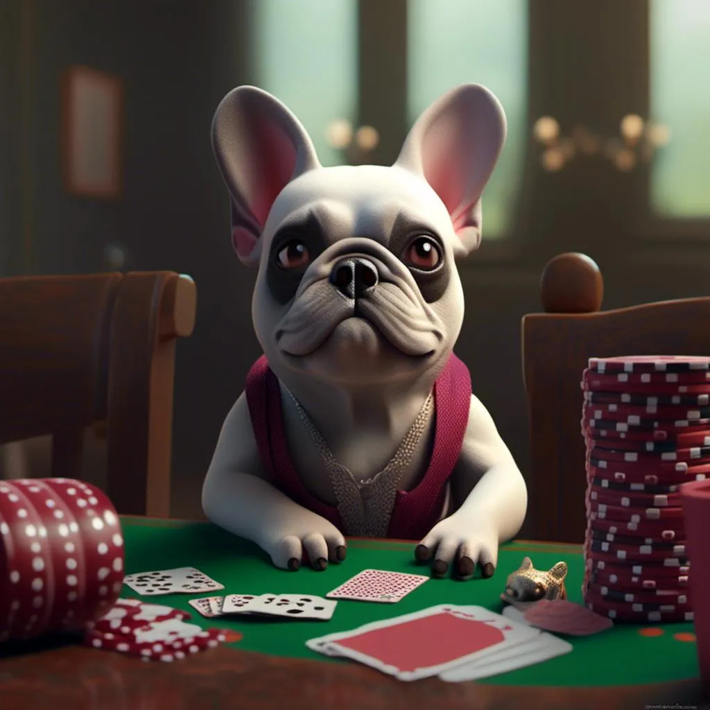 Prompt: <mymodel> a 3d render of a miniature french bulldog playing poker.