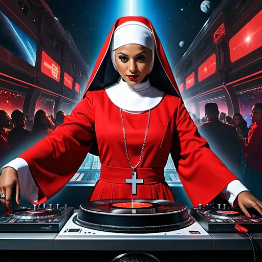 Prompt: Hip hop nun DJing on turn table in space, vibrant red outfit, urban street setting, realistic digital art, detailed face features, professional lighting, urban, modern, high quality, realistic, DJ, vibrant red, street setting, detailed face, professional lighting