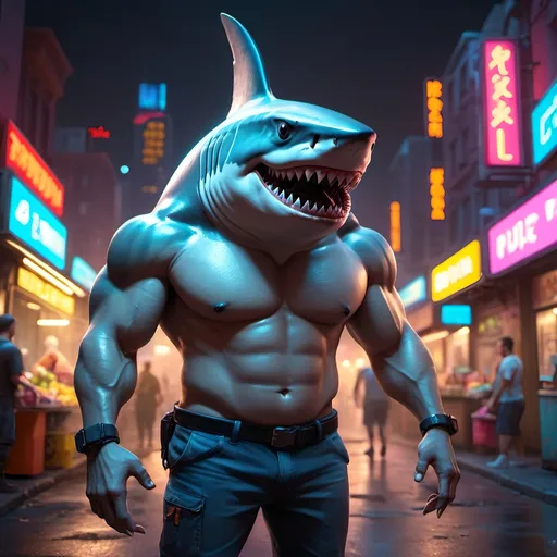 Prompt: anthropomorphic shark wearing cyberpunk street vendor, realistic, muscular, human proportions, on the streets of Night City, huge grin, lots of scars, cyberpunk,  high definition, professional Pixar, Disney, concept art, 3d digital art, Maya 3D, ZBrushCentral 3D shading, bright colored background, radial gradient background, cinematic, Reimagined by industrial light and magic, 4k resolution post processing