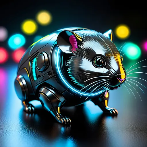 Prompt: Tiny Syrian hamster mech, metallic and sleek design, futuristic sci-fi style, intense grey and black color scheme, sparkling neon lights, miniature scale, highres, ultra-detailed, sci-fi, futuristic, metallic sheen, intense color scheme, miniature scale, neon lights, detailed design, professional, atmospheric lighting