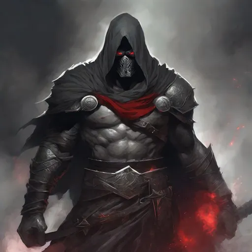 Prompt: Tall, Intimidating, Large, male, Solomon Grundy/goliath D&D build, black hair,  very dark grey scarred skin, covered in bandages, dark tattered cloth armor exposes his midriff, hood of magical darkness that completely shrouds his face with a mask of darkness, large red gem between pecs in chest, Path of the Zealot Barbarian, Strong, wielding large two-handed great-axe, Fantasy setting, D&D, Dead clerics around him, undead, zombie