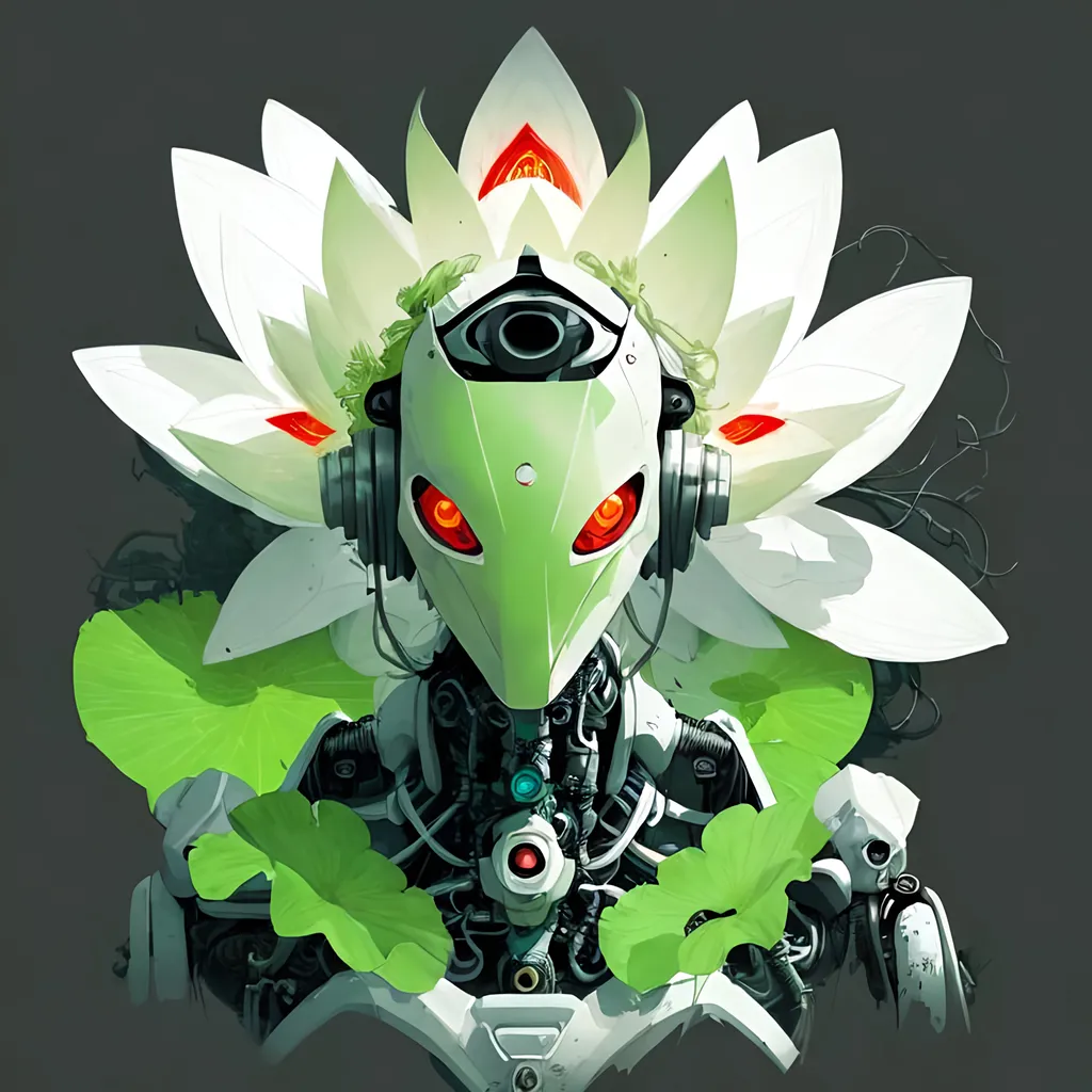 Prompt: cartoon white lotus mantis robot , cyberpunk tones, cyberpunk colors, mechanical environnement with vines and vegetation
