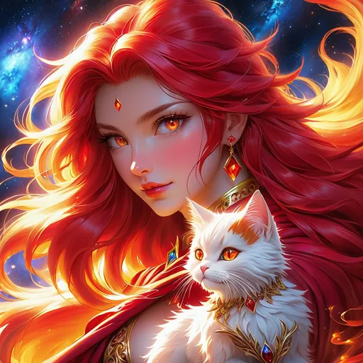 Prompt: wizard cat with {red fur} and {ruby red eyes}, senior she-cat, fire element, flame, Erin Hunter, gorgeous anime portrait, beautiful cartoon, 2d cartoon, beautiful 8k eyes, elegant {red fur}, pronounced scar on chest, fine oil painting, modest, gazing at viewer, beaming red eyes, glistening red fur, low angle view, zoomed out view of character, 64k, hyper detailed, expressive, timid, graceful, beautiful, expansive silky mane, deep starry sky, golden ratio, precise, perfect proportions, vibrant, standing majestically on a tall crystal stone, hyper detailed, complementary colors, UHD, HDR, top quality artwork, beautiful detailed background, unreal 5, artstaion, deviantart, instagram, professional, masterpiece