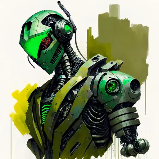 Prompt: cartoon locust robot , cyberpunk tones, cyberpunk colors, mechanical environnement with vines and vegetation
