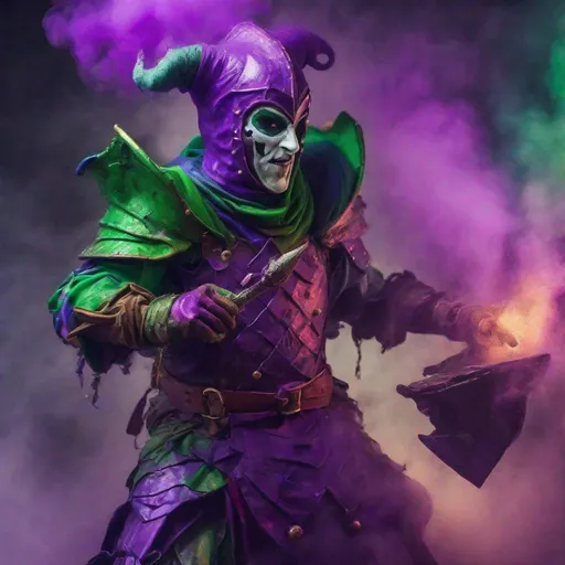 Prompt: A jester knight, colorful armor, unsettlingly strange, casting a spell, strange multicolored energy, dungeons and dragons, depth of field focused on the knight, covered in Purple and green smoke.