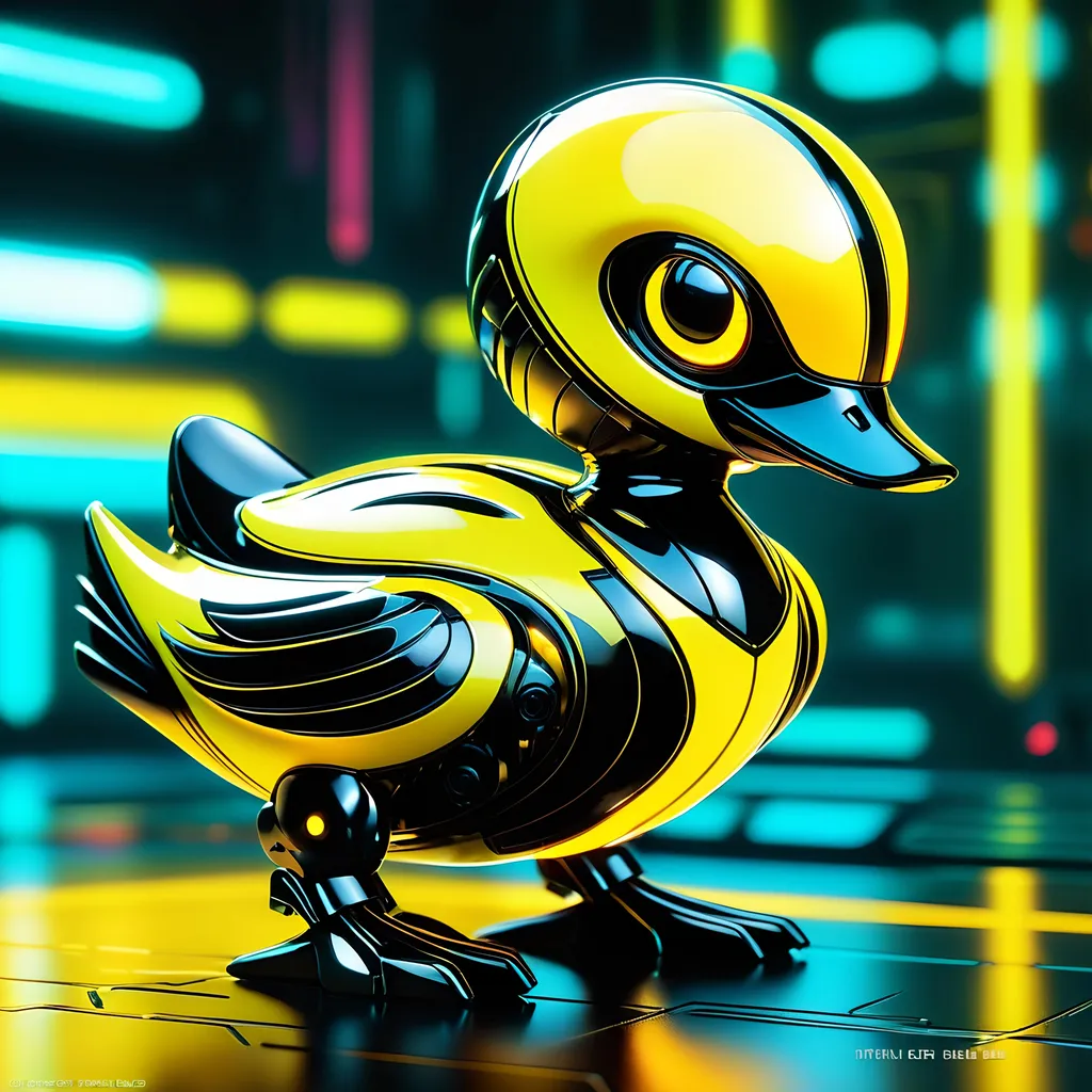 Prompt: Tiny duck mech, metallic and sleek design, futuristic sci-fi style, intense yellow and black color scheme, sparkling neon lights, miniature scale, highres, ultra-detailed, sci-fi, futuristic, metallic sheen, intense color scheme, miniature scale, neon lights, detailed design, professional, atmospheric lighting