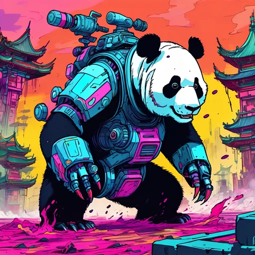 Prompt: Giant panda mech hunting some poor souls.
Science Fiction, Retrofuturism, Body horror, Cosmic Horror, Fine inking, Clean linework, comic illustration, flat shading, Colour transitions, Maximalism, Beautifully illustrated forms, beautiful background scenery, Warm and cold colour mix, Triadic colour palette, Dark vibrancy, Complexity, Storytelling, Dynamic Poses, High quality, Sharp focus, Tight colour range, Full scene, Filmic, 